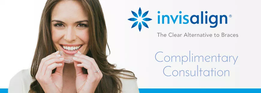 Woman smiling while holding Invisalign aligners with Invisalign logo and complimentary consultation text