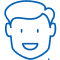 Simple blue line drawing of smiling male face representing dental patient or dentistry concept.