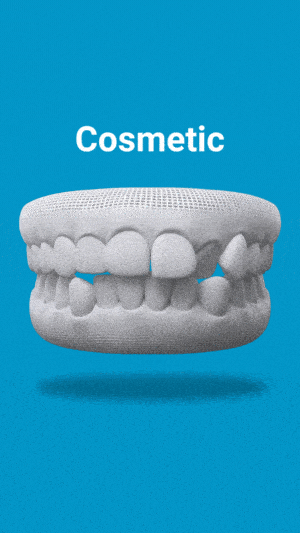 Cosmetic dental model showing teeth alignment on blue background for dentistry clinic