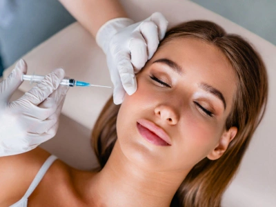 Woman receiving cosmetic injection treatment from healthcare professional in clinical setting.